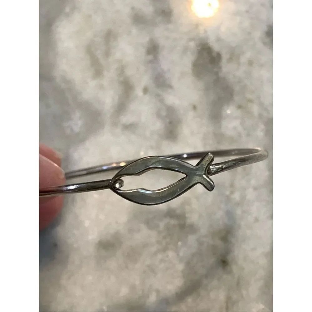 .925 Christian Fish Symbol Sterling Silver Bangle Bracelet #faith